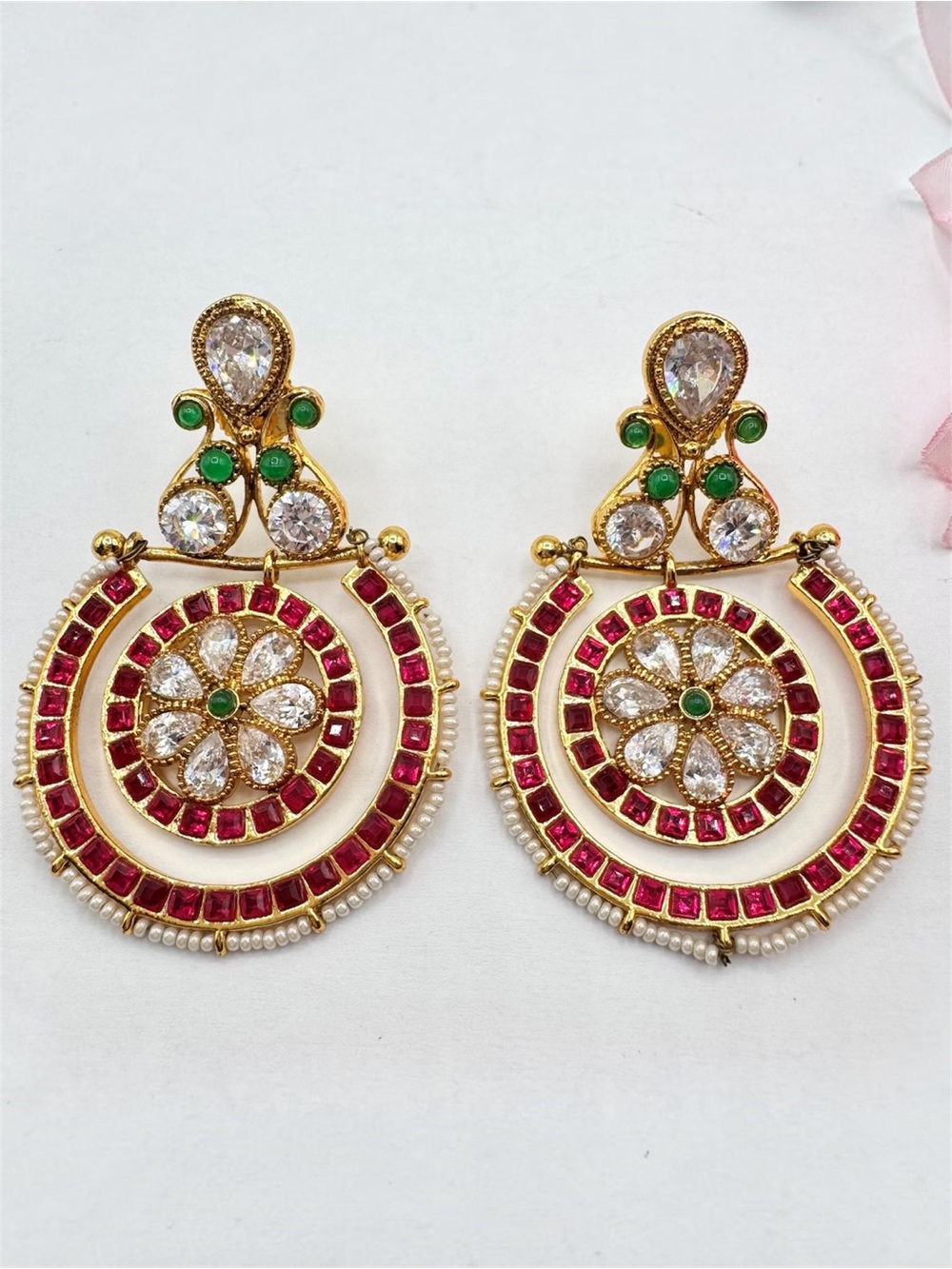 CZ India Chandbali Earrings Floral Jeweled Doorknocker Ethnic Occasion Sparkly